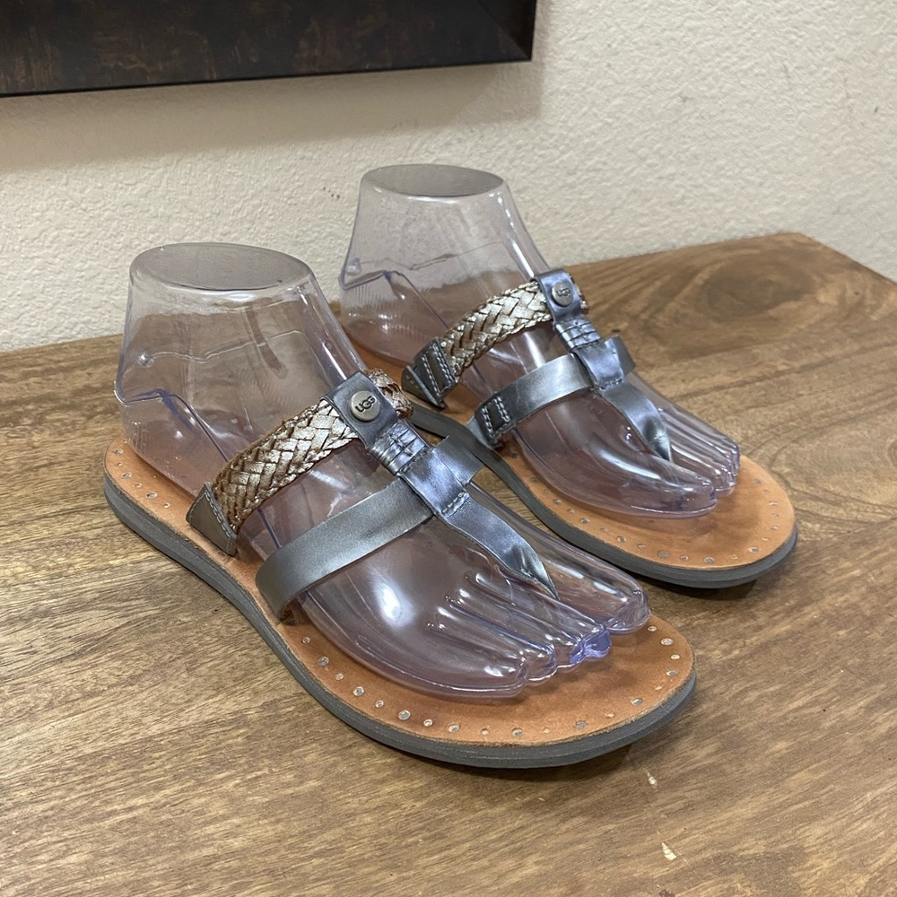 Ugg Australia Audra Braid Thong Sandals Women’s Metallic Leather Flip Flops Sz 6